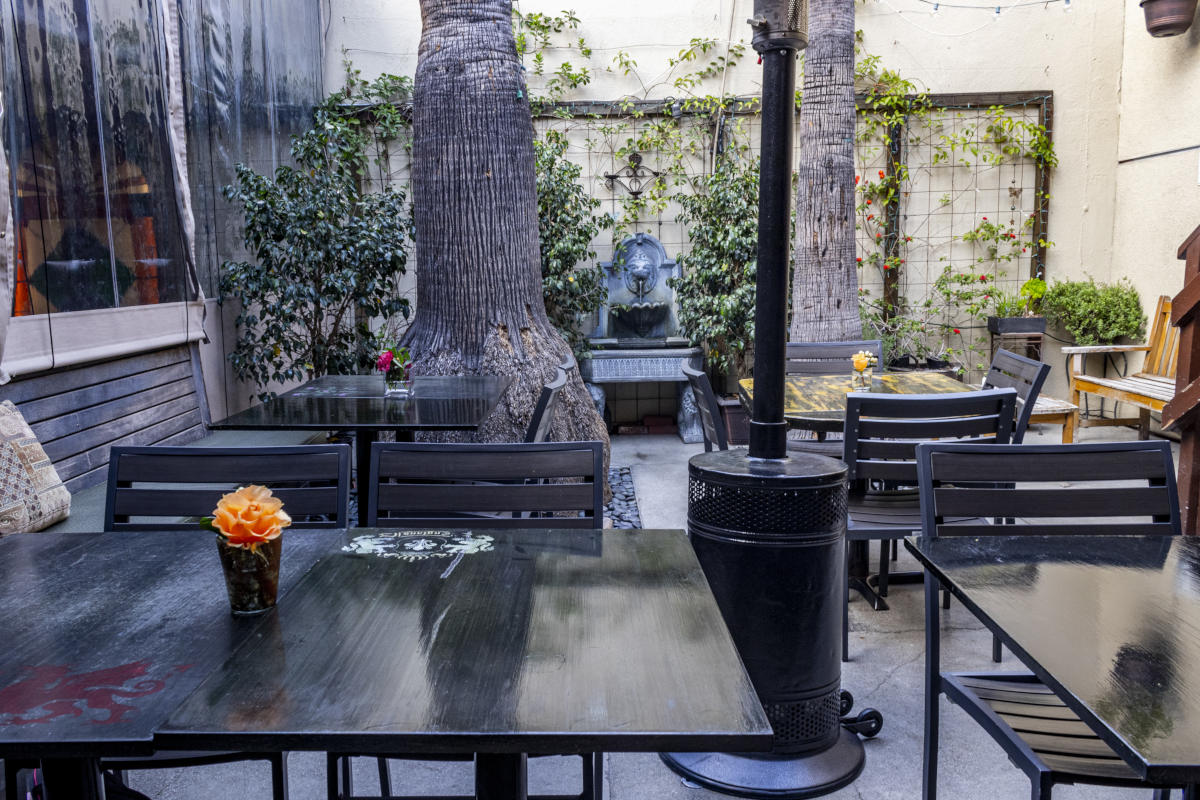 Restaurant exterior, tables for four